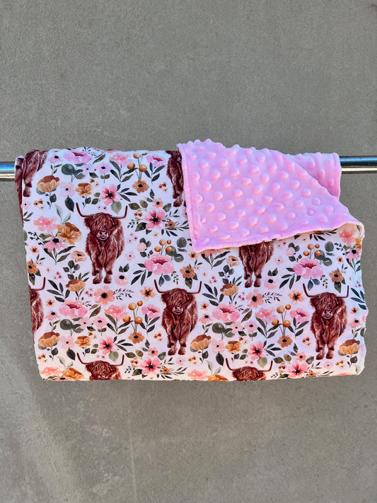 Highland Cow and Floral  Minky Blanket