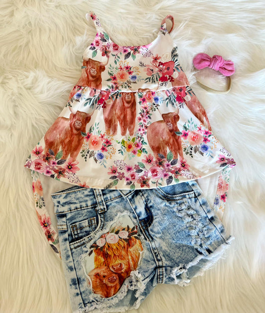 Highland Cow Inlay Jean Shorts