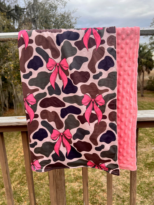 Black Camo and Bubble Gum Pink Bow Minky Blanket