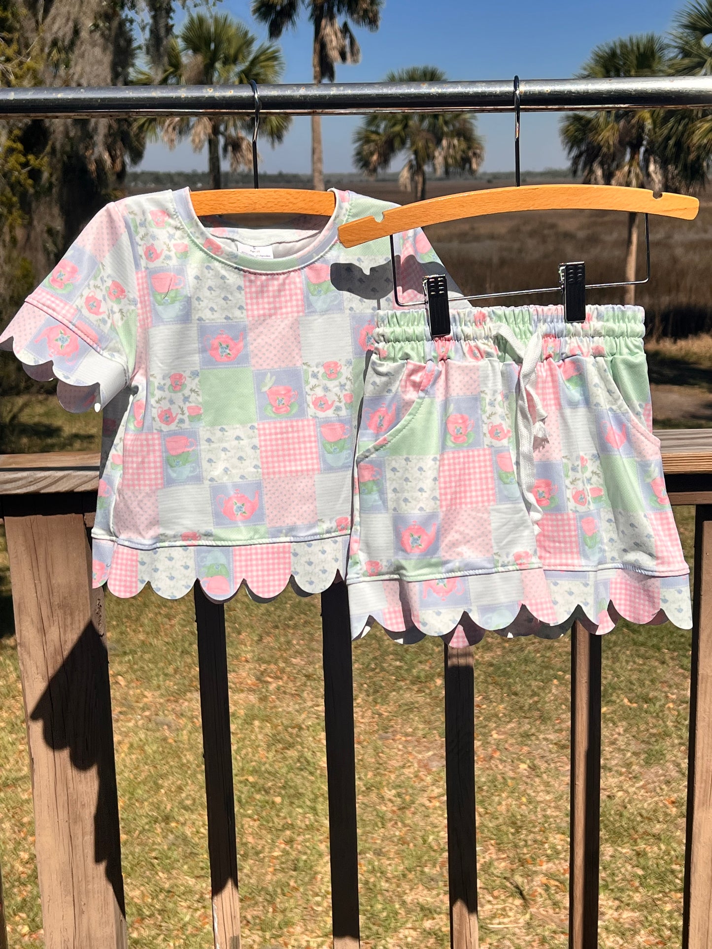 Girls Scalloped shorts set in Tea Pot Checks