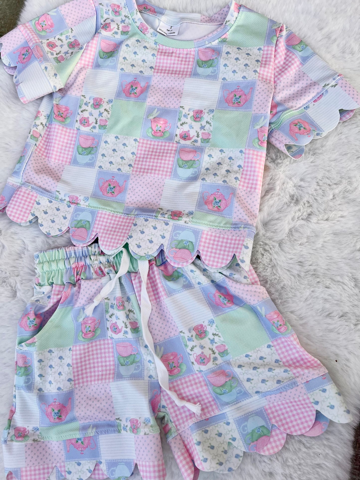 Girls Scalloped shorts set in Tea Pot Checks