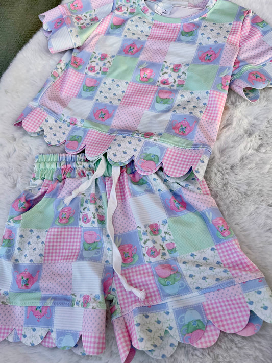 Girls Scalloped shorts set in Tea Pot Checks