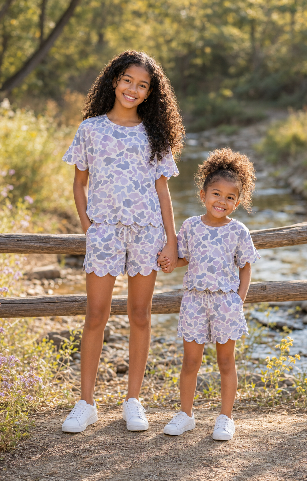 Girls Scalloped shorts set in Mossy Grey