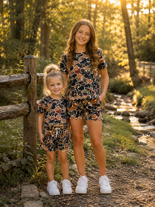 Girls Scalloped shorts set in Timber Pine Camo