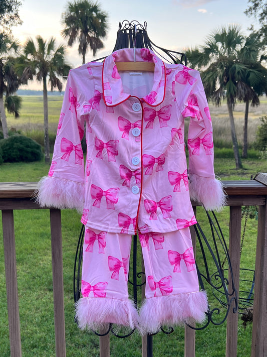 Pink Bow Fur Trimmed Easy Wear