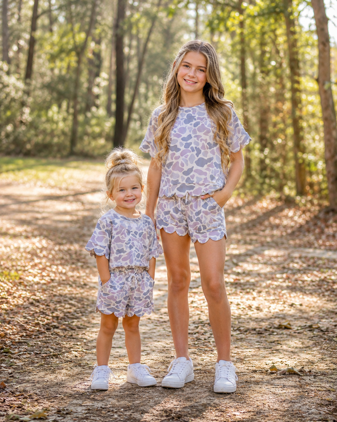 Girls Scalloped shorts set in Mossy Grey